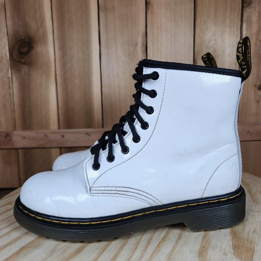 Dr Martens 1460 J Boots Kids Size 3 White Leather Combat Lace Up Side Zip‎ Ankle